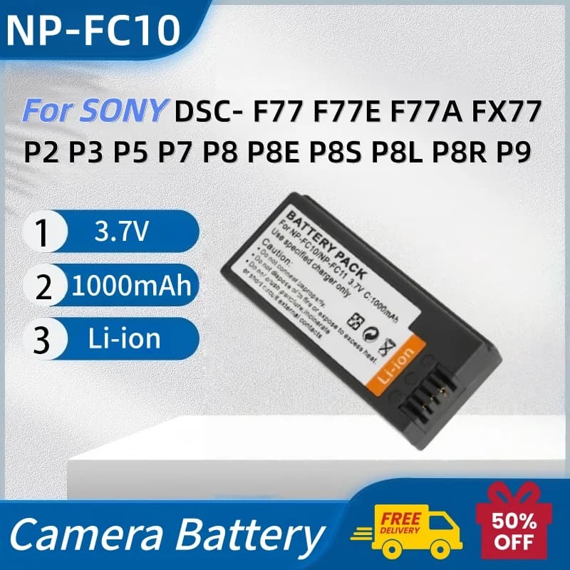 Batteria per Fotocamera NP-FC10 NP-FC11 3.7V 1000mAh per SONY DSC-F77 F77E F77A FX77 P2 P3 P5 P7 P8 P8E P8S P8L P8R P9 P10 P10E+ con Caricabatterie