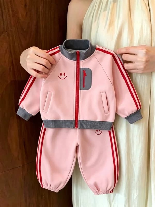 Girls Spring Autumn Set Smiling Face Woven Belt Long Sleeve Zipper Shirt Two Piece Set New Baby Casual Sports Wear