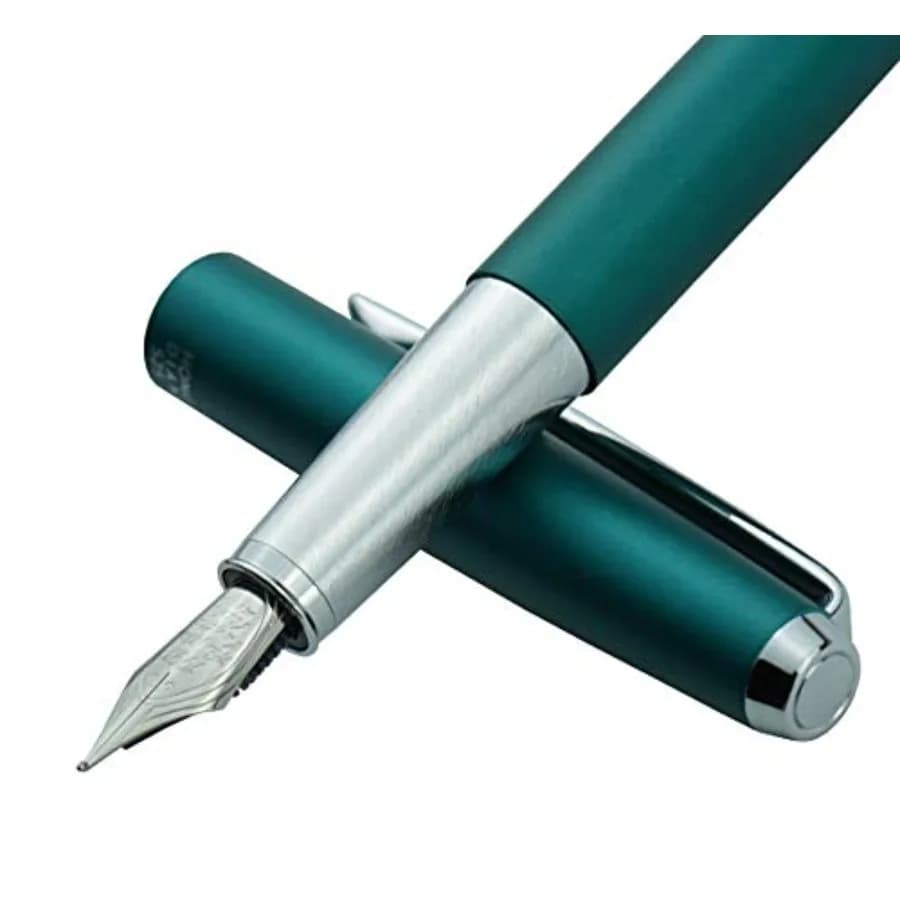 HongDian 525 Green Metal Fountain Pen Bent Nib, Calligraphy Fude Pen 0.6mm with Converter and Metal Box Set