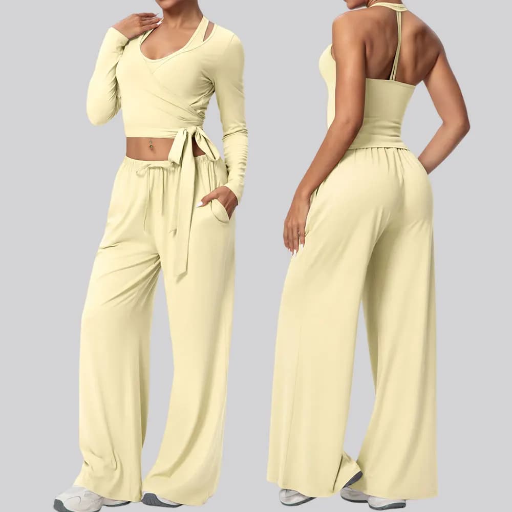 Set da yoga 2/3 pezzi abiti sportivi tuta da fitness da donna palestra pantaloni a gamba larga allenamento reggiseno femminile a maniche lunghe tuta da yoga abbigliamento sportivo