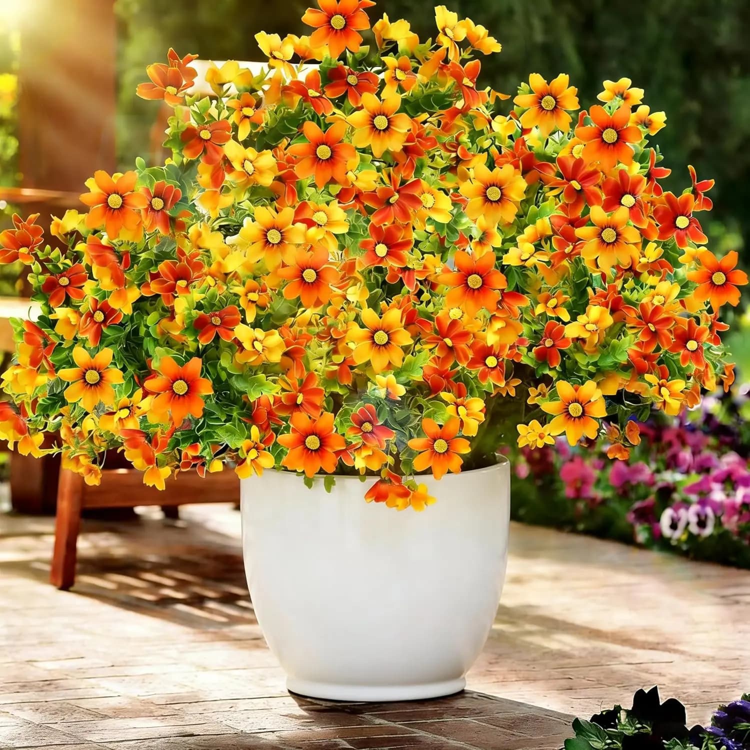 Orange Daisy Artificial Flowers with Eucalyptus | UV Resistant Outdoor Faux Plants for Patio Yard Decor