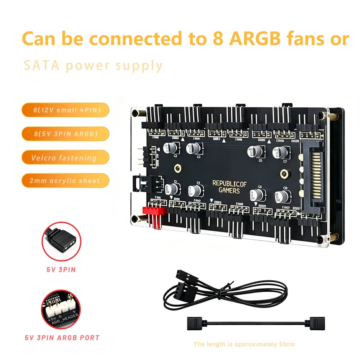2-in-1 8-Port ARGB & PWM Fan Hub SATA Power Splitter 5V 3Pin ARGB 12V 4Pin PWM Sync for PC Case Cooling