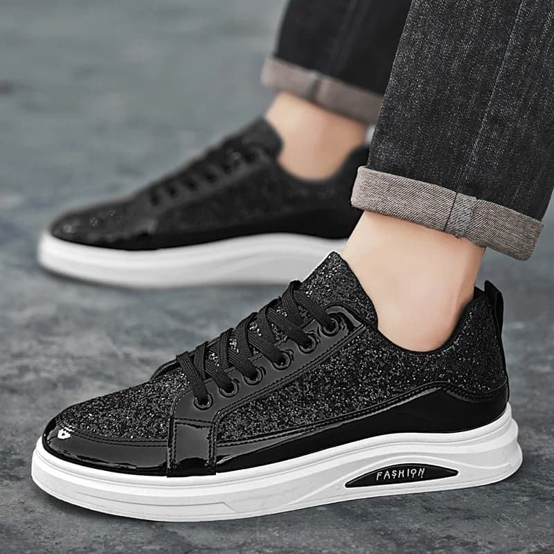New Men's Flats Bling Skateboard Shoes Casual Sneakers Fashion Sequin Vulcanized Shoes for Men PU Leather Casual Running Shoe