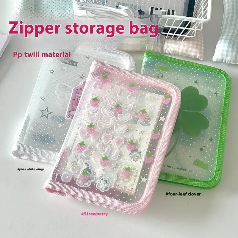 Simpatica Cartella Portadocumenti A6 con Cerniera in Twill a Forma di Trifoglio e Fragola, Borsa Porta Documenti con Zip, Forniture per Scuola e Ufficio