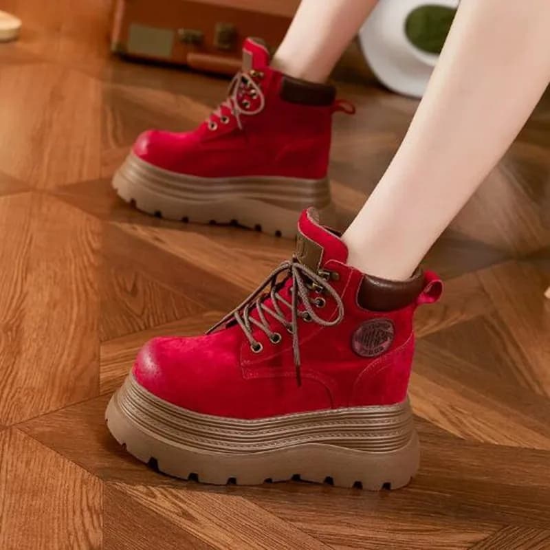 2026 Autumn Women Ankle Boots 9CM Heels High Top Chunky Shoes Short Motorcycle Boot Winter Leather Sneakers Woman Botas Feminina