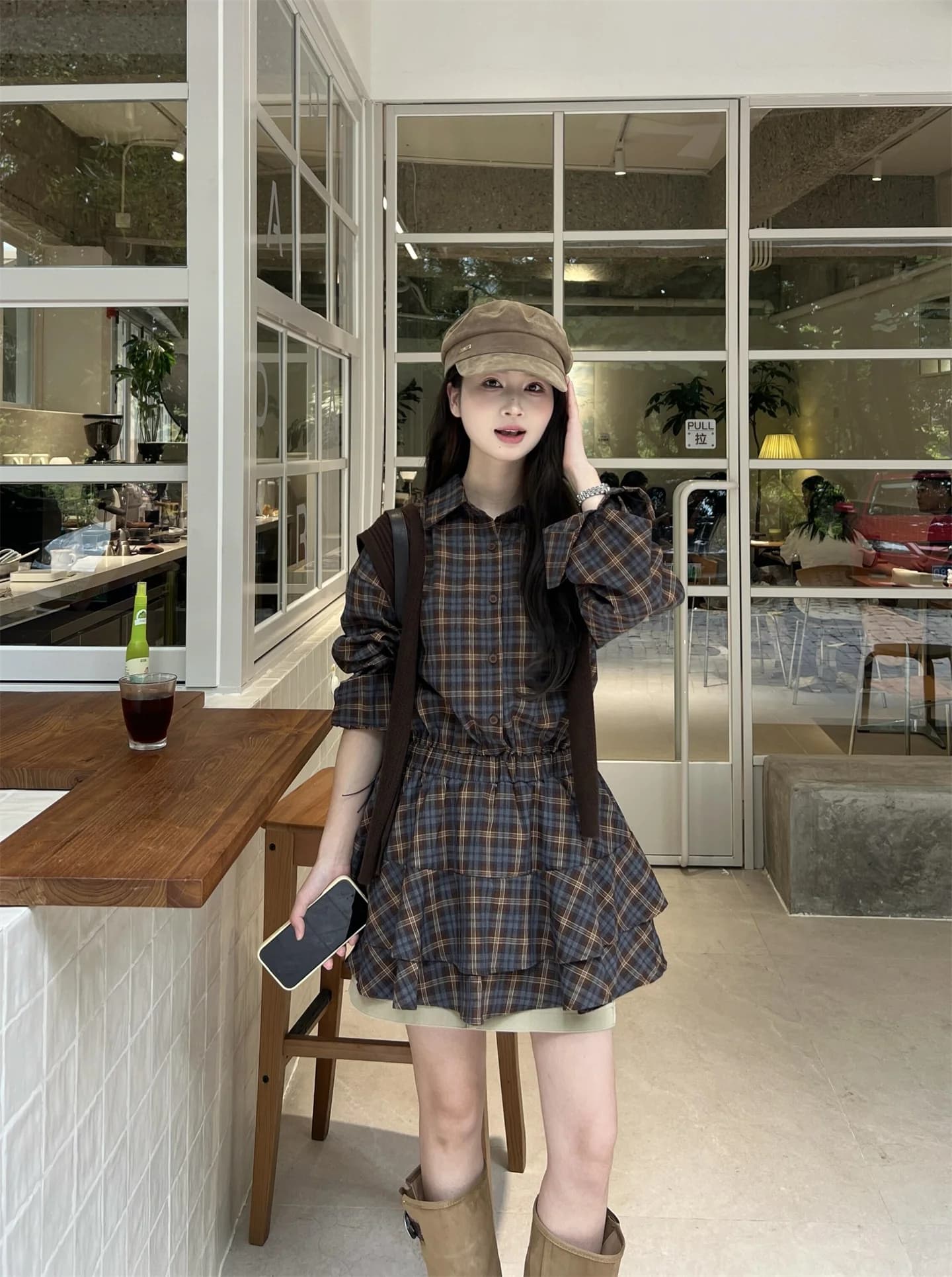 Abito a maniche lunghe a quadri Kumikum Design da donna, modello A-Line, primaverile, con gonna a vita alta che snellisce la figura, stile coreano con colori a contrasto
