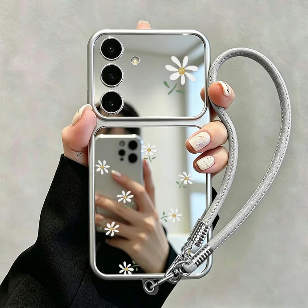 A57 Mirror Case For Samsung A56 A55 A54 A53 A37 A36 A35 A26 A17 A16 A07 A06 S26 Ultra S25 S24 S23 FE Cover With Phone Lanyard