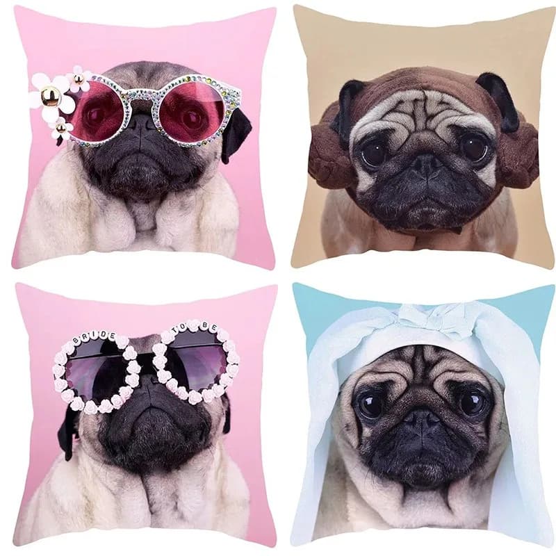 Cute Pug Puppy Dog With Fashion Accessories Pattern Cushion Cover For Sofa Bedroom Car Pillow Cover