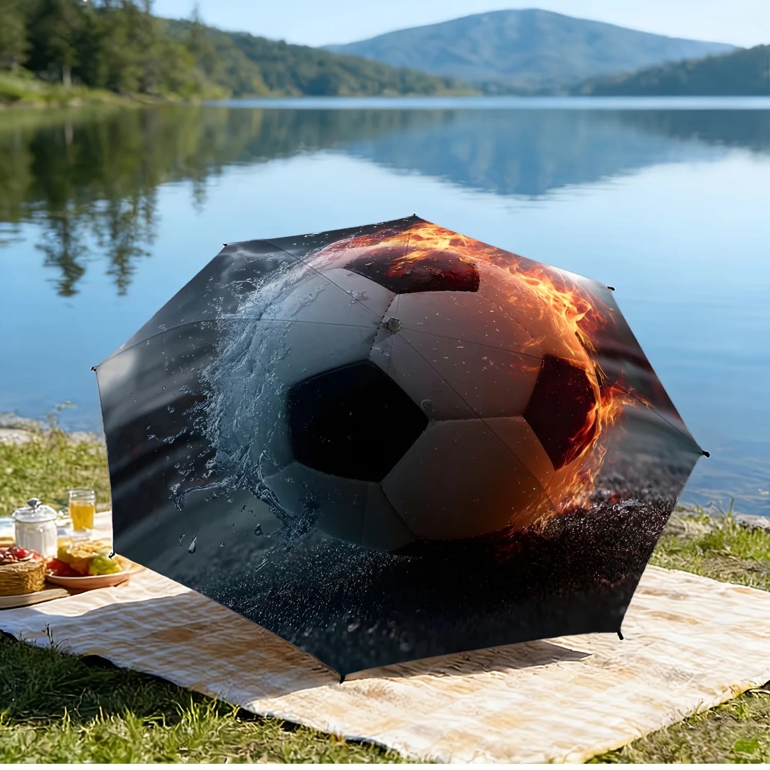Ombrellone pieghevole portatile da campo da calcio con fiamma, schizzi d'acqua e fulmini, adatto a vari scenari come Da
