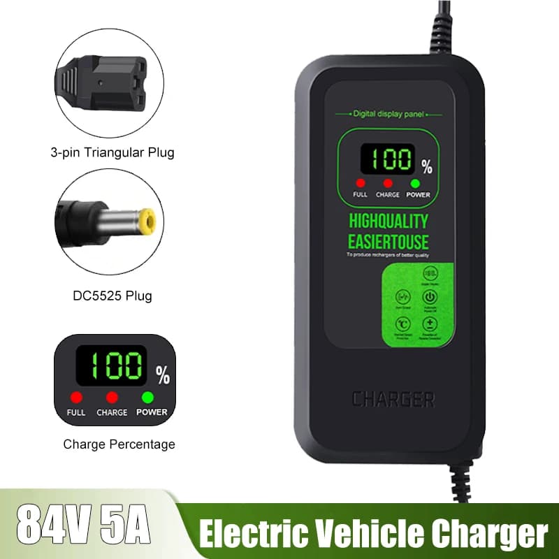 84V 5A Smart EU Charger With LED For 72V Electric Motorcycle 20S Li-ion Battery Pack DC5525/3-pin Triangular Charging Plug
