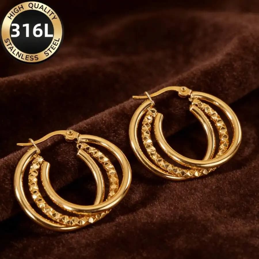 Premium stainless steel hypoallergenic golden earrings — cross-studded round design, fade-resistant gold tone, elegant light lux