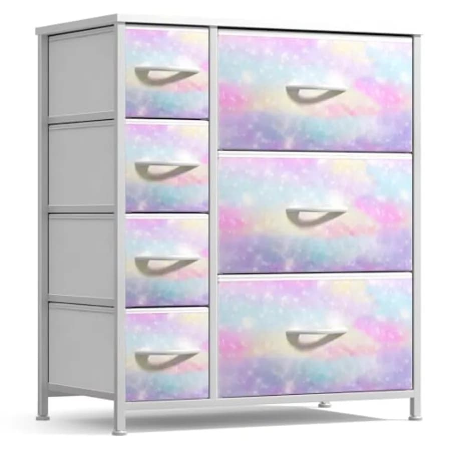 Cassettiera con 7 cassetti - Contenitore portaoggetti con struttura in acciaio, piano in legno e maniglie, contenitori in tessuto tie-dye per vestiti - Wide F