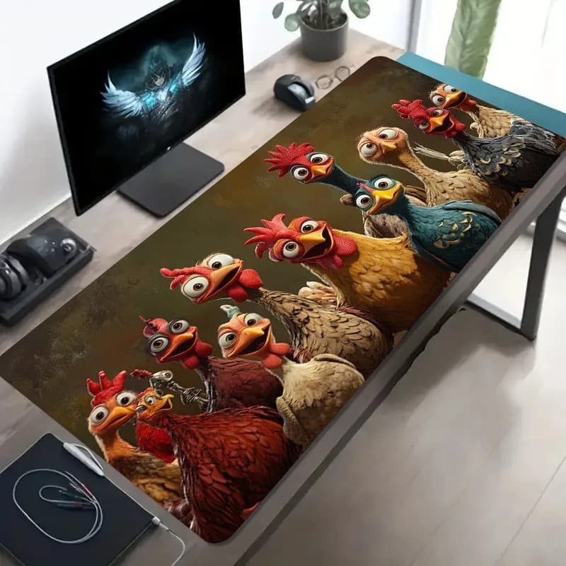 Tappetino da Scrivania XXL con Animali Divertenti, Simpatici Polli Cartoon, Foto di Gruppo Stravagante, Tappetino per Mouse da Gaming con Base Antiscivolo e Bordi Cuciti, Regalo Perfetto