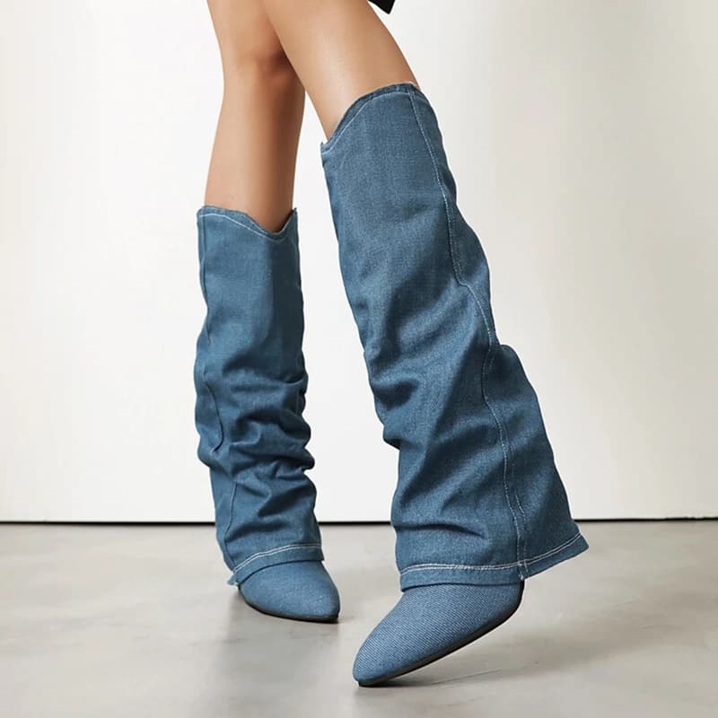 ORCHALISA Fashion Women Cowboy Boots Pointed Toe 8.5cm Block Heels Size 41 42 43 44 45 46 US15 Women Shoes Blue Black