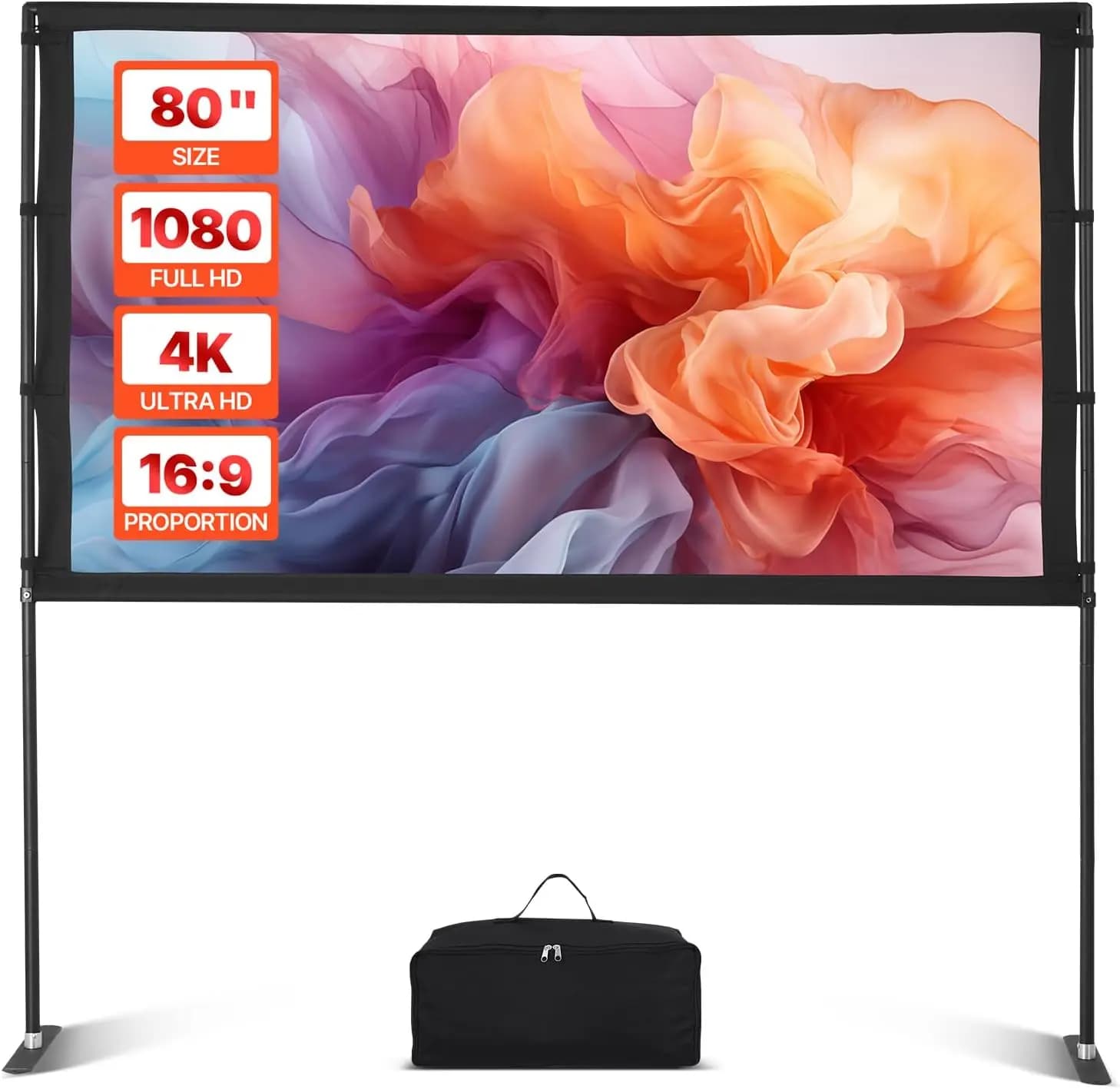 80 Pollici 160 ° Schermo per Proiettore ad Angolo Ampio con Supporto, 16:9 4K HD Portatile per Interni ed Esterni con Borsa per il Trasporto