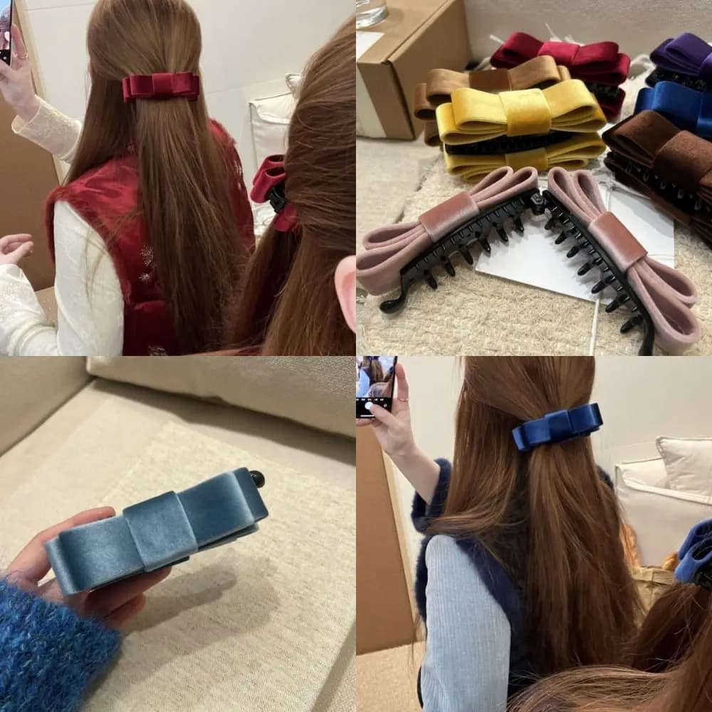 Korean Style Double-sided Bow Hair Claw Large Size Solid Color Banana Clip Elegant Velvet Bowknot Hair Clip Daily Use
