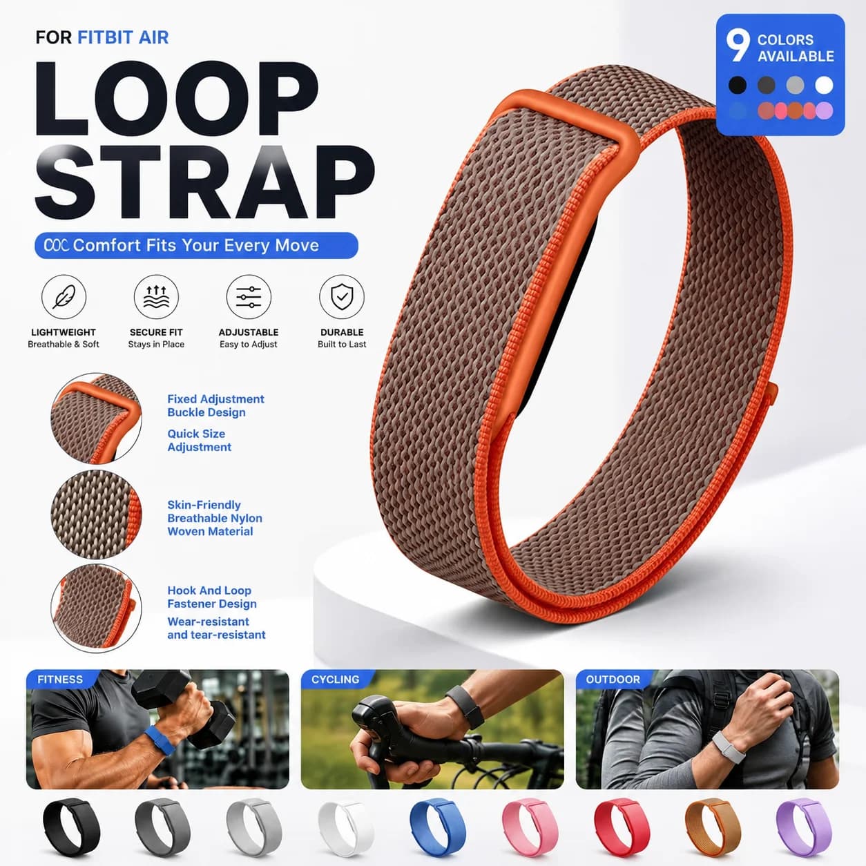 Nylon Loop Sport Band for Fitbit Air, Braided Velcro Watch Strap Breathable Quick Dry Wristband Replacement Bracelet Accessories