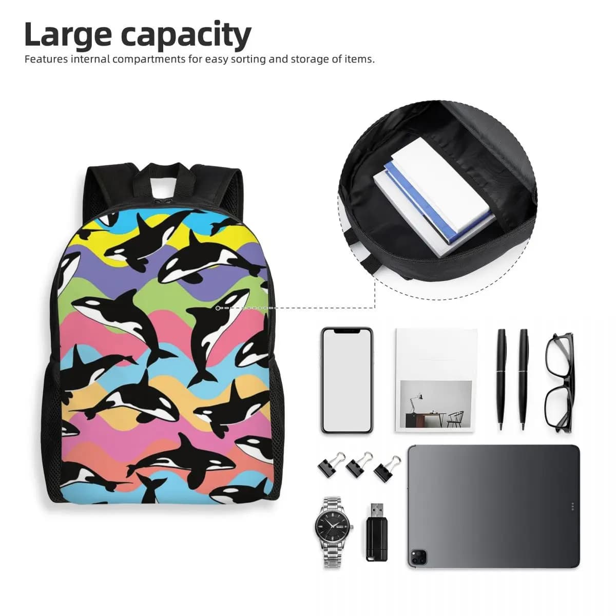 Orca Killer Whale Backpack Student Boys Girls BookBag School Bag Computer Shoulder Bags