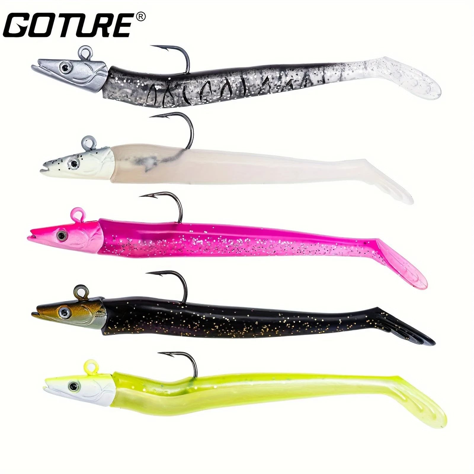 Goture Esca Morbida a Coda a T da 12,5 cm 16g con Testa Piombata Integrata e Occhi 3D, Esca Artificiale per la Pesca di Spigola, Merluzzo e Trota