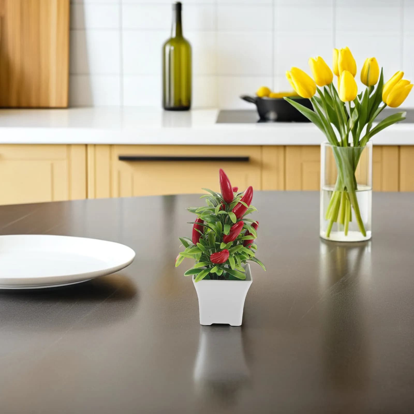 Set di 6 Bonsai Artificiali di Peperoncino, Piante Finte Realistiche in Vaso per Decorazione Interna di Casa, Cucina, Ufficio e Tavolo