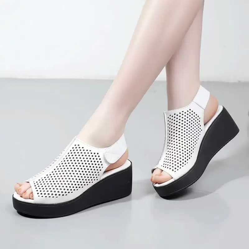 Sandali estivi da donna in pelle di grandi dimensioni con punta aperta, suola spessa, antiscivolo, sandali con tacco alto in velcro, sandali con zeppa leggeri