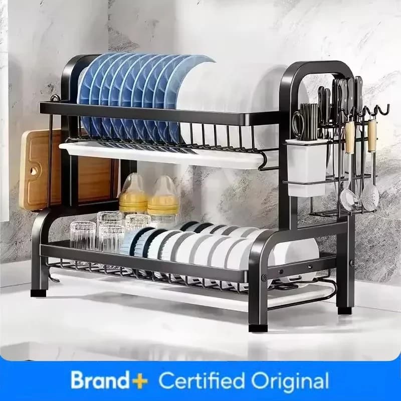 2 Tier Stainless Steel Dish Drainer with Utensil Holder Compact Rust Proof Kitchen Storage Organizer Drying Rack for Dishes