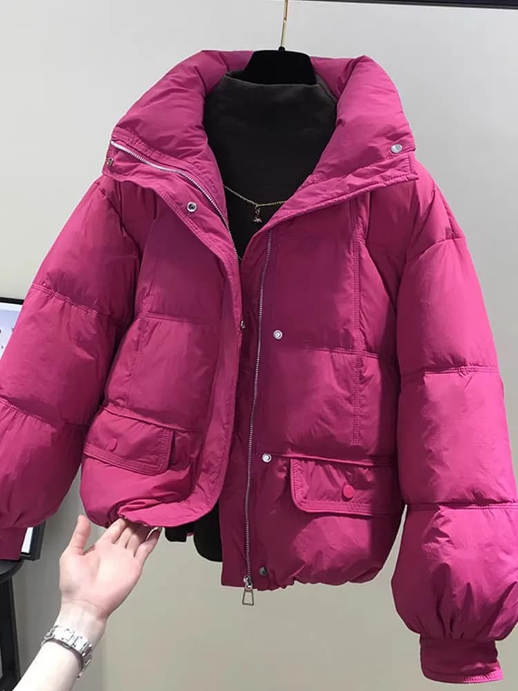 Women's Short Puffer Jacket Stand Collar Cotton Durable Zipper Closure Long Sleeve Thickened Autumn Winter Fashion