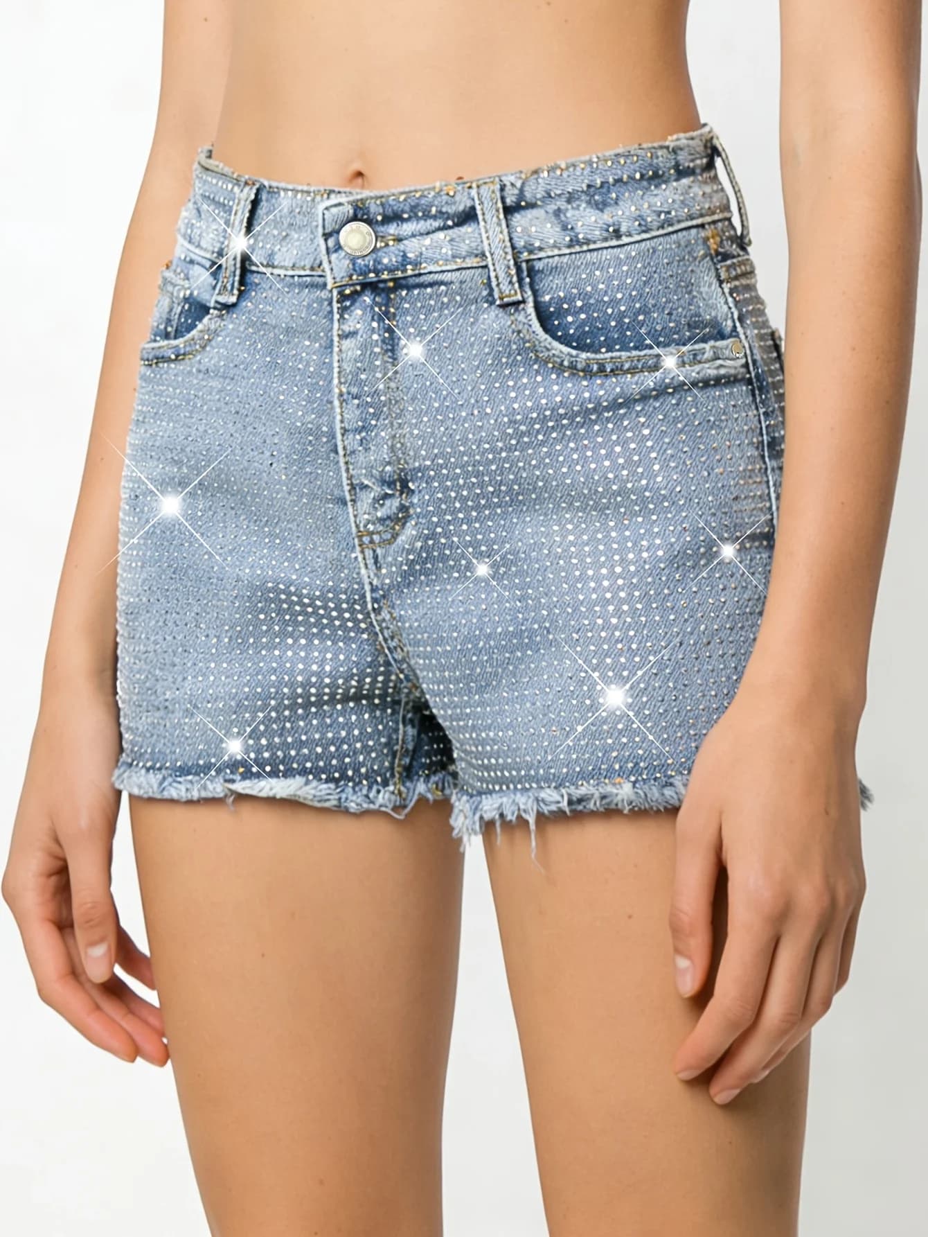Women's Jeans Shorts, Elasticized Blue Denim Shorts, Elegant and Fashionable with Crystal Decorations