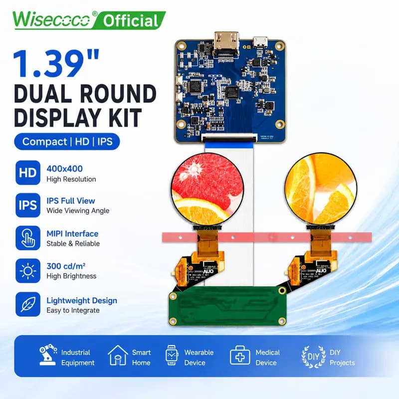 Wisecoco Dual 1.39 Inch Round AMOLED Display Kit 400×400 HDMI-Compatible Mirror/Extended Mode for Raspberry Pi PC ESP32