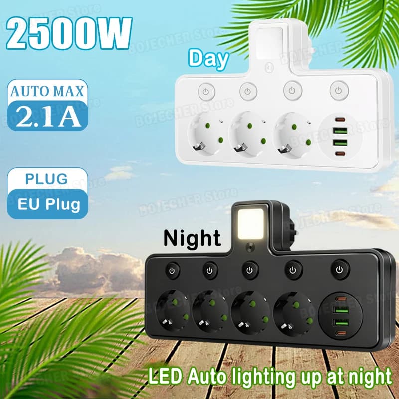 New slippers with night light LED wall charger Table sockets Network filter adapter with independent switch EU plug
