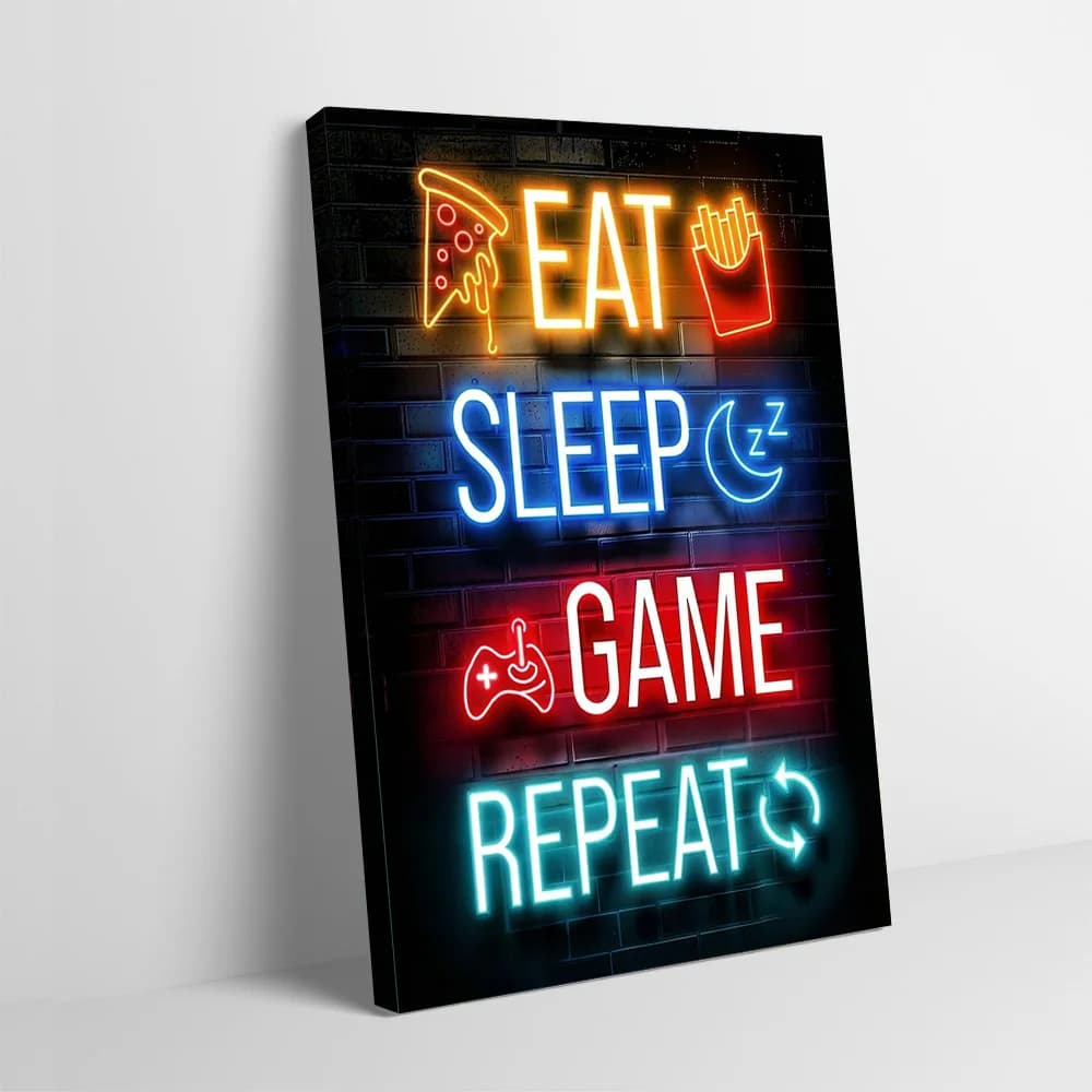 Poster Neon 'Eat Sleep Game Repeat' Personalizzabile, Stampa su Tela per Quadri, Decorazioni Murali, Dipinti Decorativi con Cornici