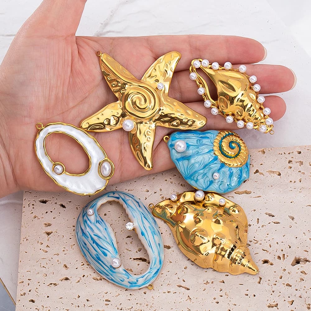Ciondolo con ciondolo a forma di conchiglia stella marina in acciaio inossidabile da 1 pezzo per orecchini fai da te, collane, forniture per la creazione di gioielli