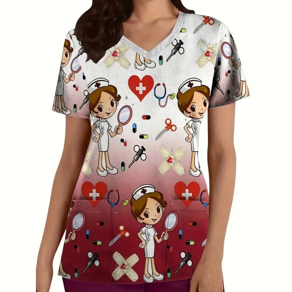 Uniformi chirurgiche Donna Modelli di strumenti dentali Assistenza sanitaria Scrub Uniforme Moda Scollo a V Manica corta Tee Tops Abbigliamento medico orale