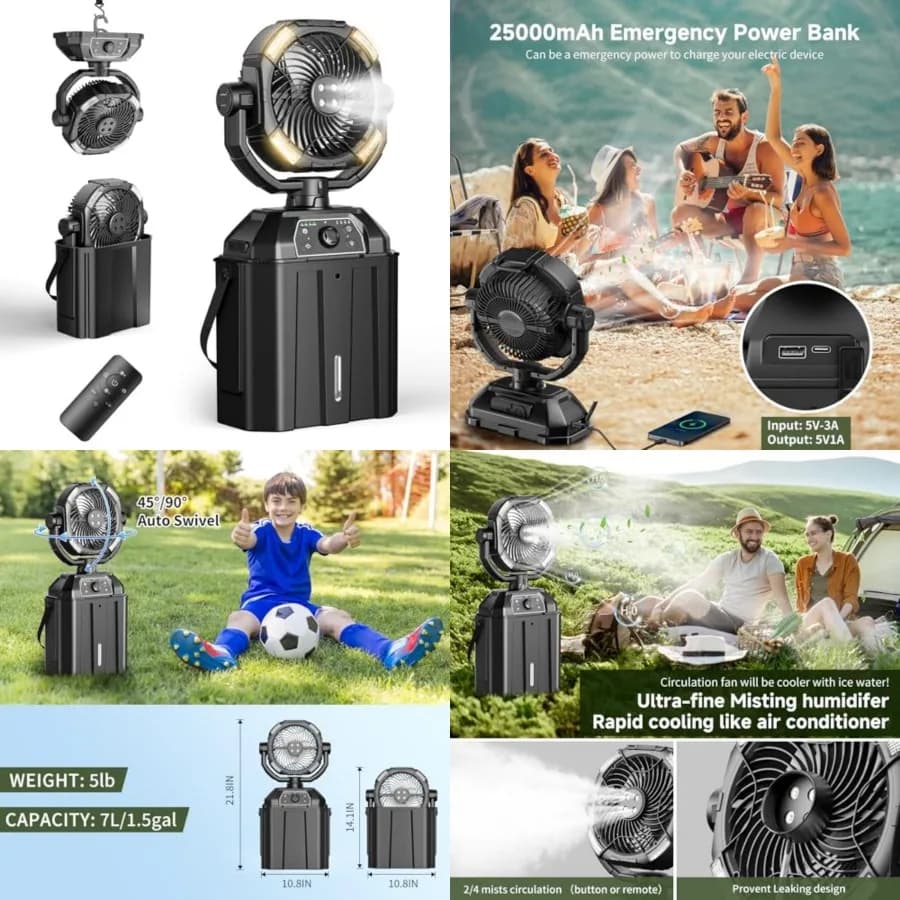 Ventilatore portatile con nebulizzatore ricaricabile per il caldo - Ventilatore da campeggio girevole automatico da 9 pollici con batteria USB da 25000 mAh come power bank, per esterni