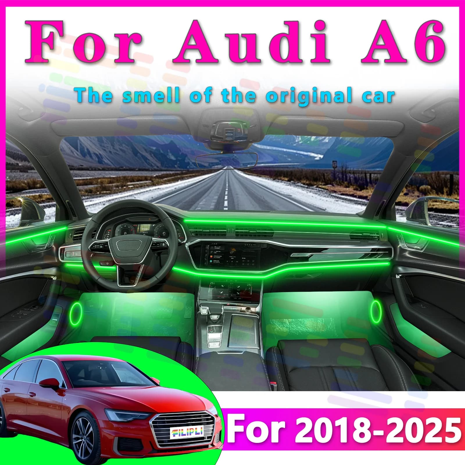 Per Audi A6 2018-2025 Striscia LED RGB per Interni Auto, Luce Ambiente a Fibra Ottica, Lampada Invisibile al Neon, Decorazione con Controllo APP
