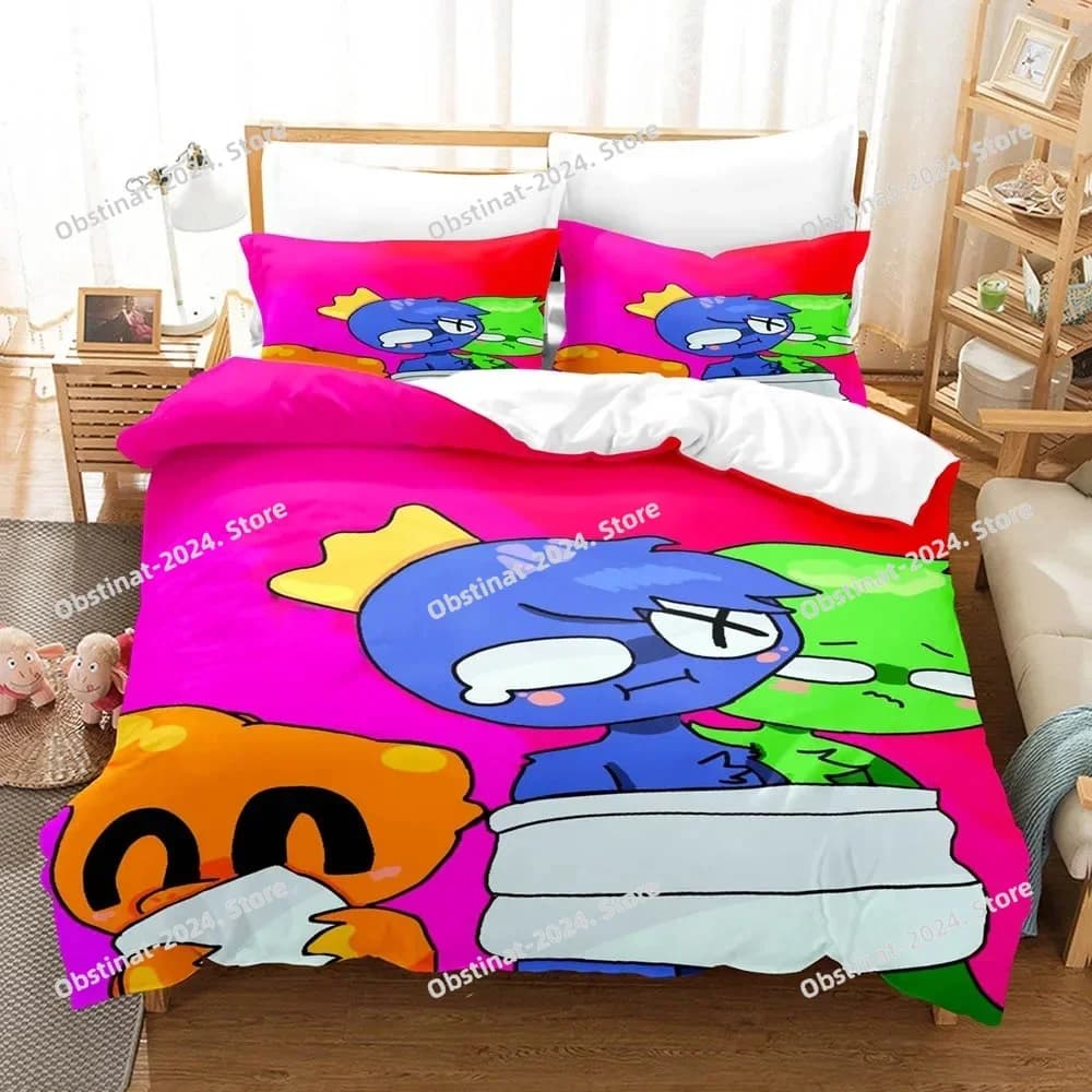 Copripiumino con motivo Rainbow Friends, federa, set di due o tre pezzi, set di trapunta multisize, copripiumino, set di biancheria da letto