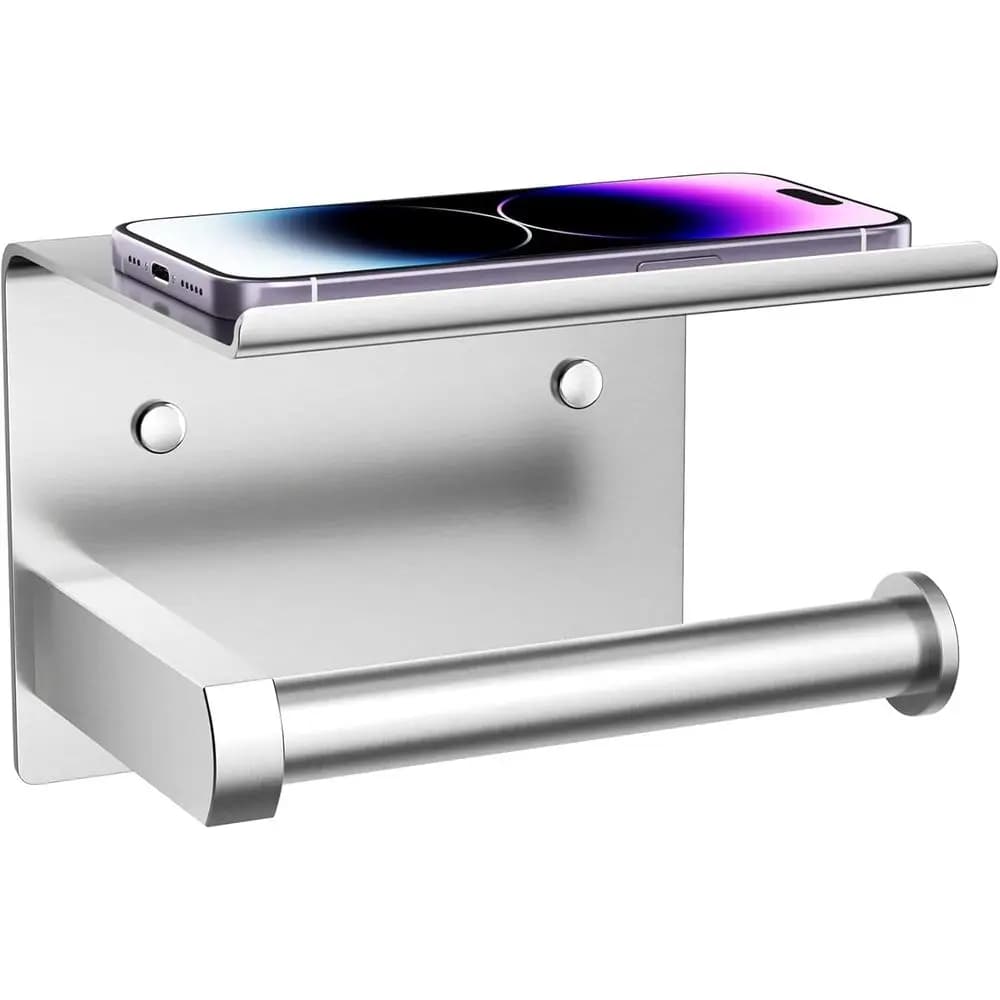 Durable Stainless Steel Toilet Paper Holder with Shelf, Adhesive or Screw Mount, Rust-Resistant, Multifunctional Bathroom Storag