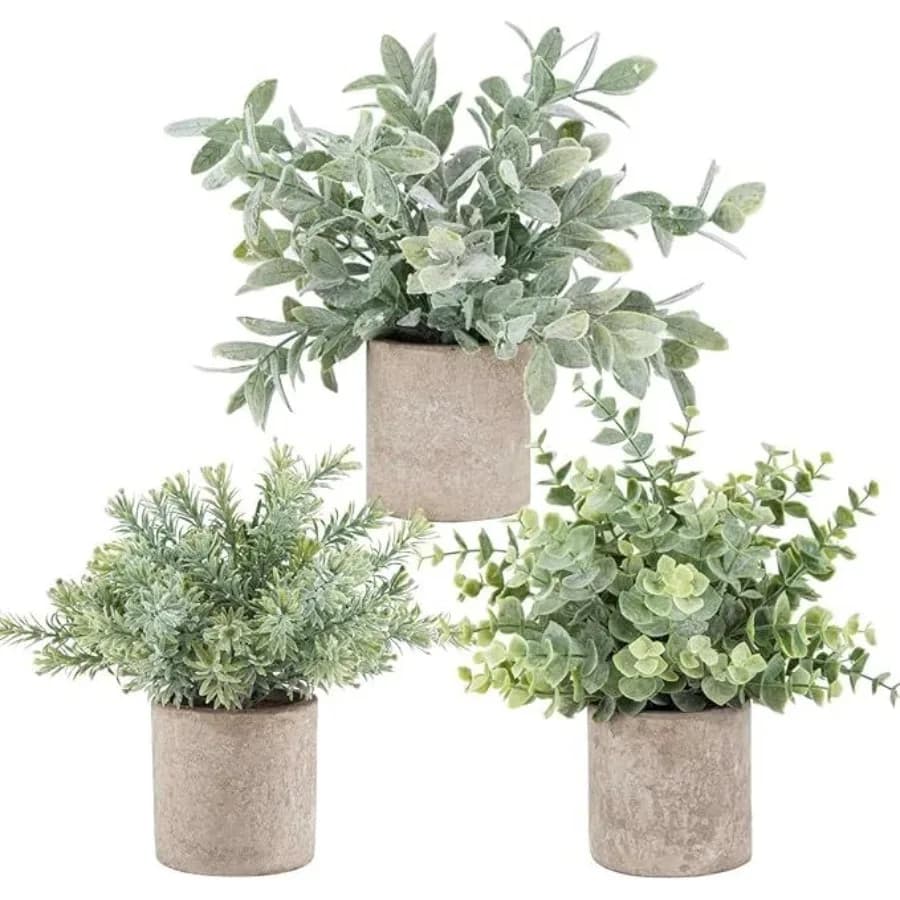 Decorazioni per l'home office: topiari di eucalipto in plastica verdi, mini piante artificiali realistiche in vaso, confezione da 3 per una freschezza duratura