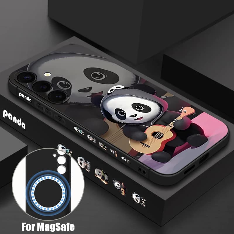 Custodia Panda che suona la chitarra per Samsung Galaxy S25 Ultra S24 S23 S22 Plus S21 S25 FE, Cover Magnetica per Magsafe in Silicone Morbido