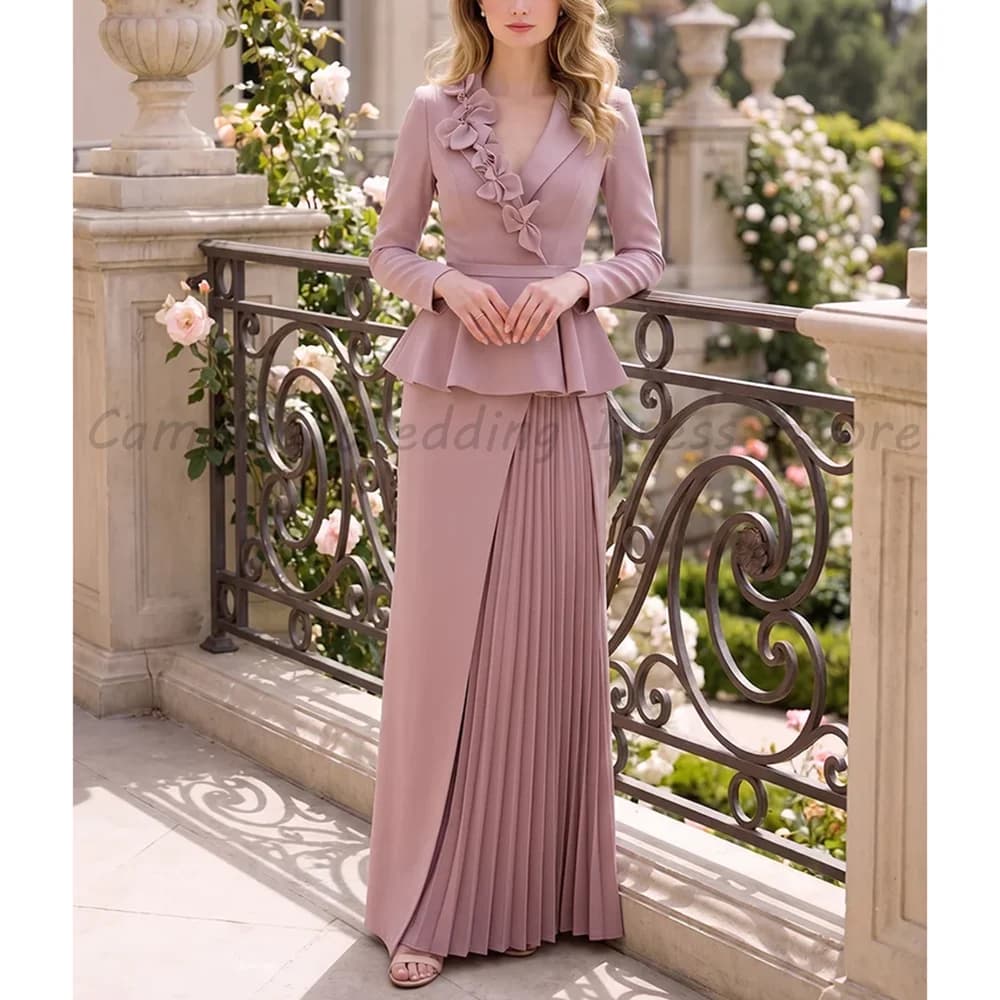 Abito formale con scollo a V, blusa peplum a maniche lunghe con fiori 3D, gonna lunga plissettata, abito da sera per la madre della sposa