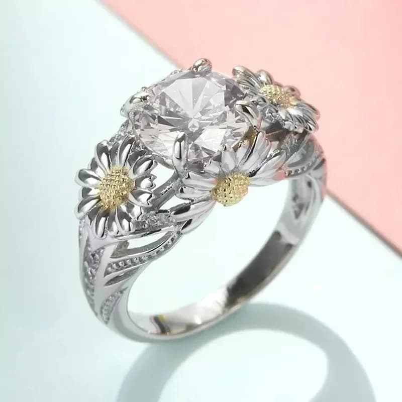 New elegant single ring with daisy flower for women, fresh countryside, light luxury, jewelry accessories with four claws inlaid zircons