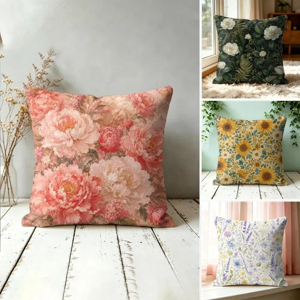 Retro Colorful Beautiful Flowers Pillow Case Double-Sided Plush Sofa Cushion Covers Organic Breathable Invisible Zipper