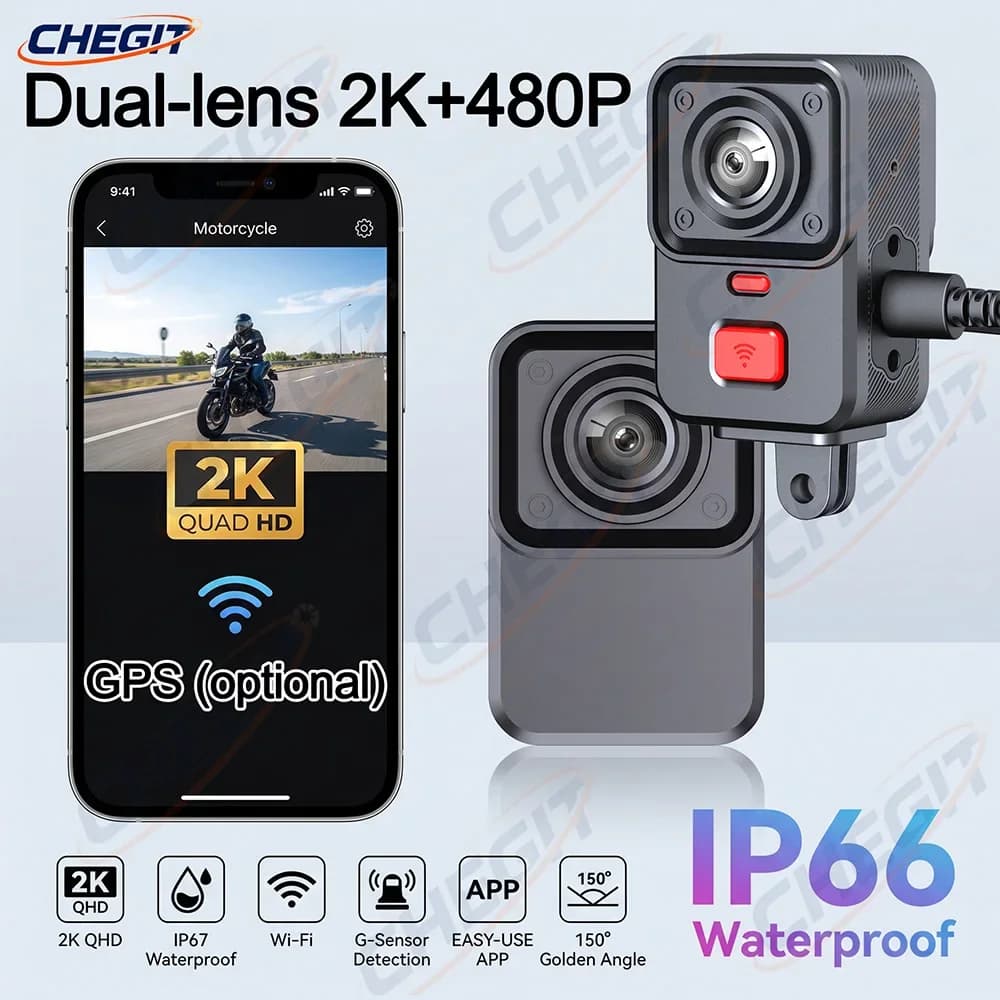 Registratore di Guida per Moto 2K con Doppia Lente HD, Impermeabile IP66, con WIFI e GPS, Dashcam per Accessori Moto