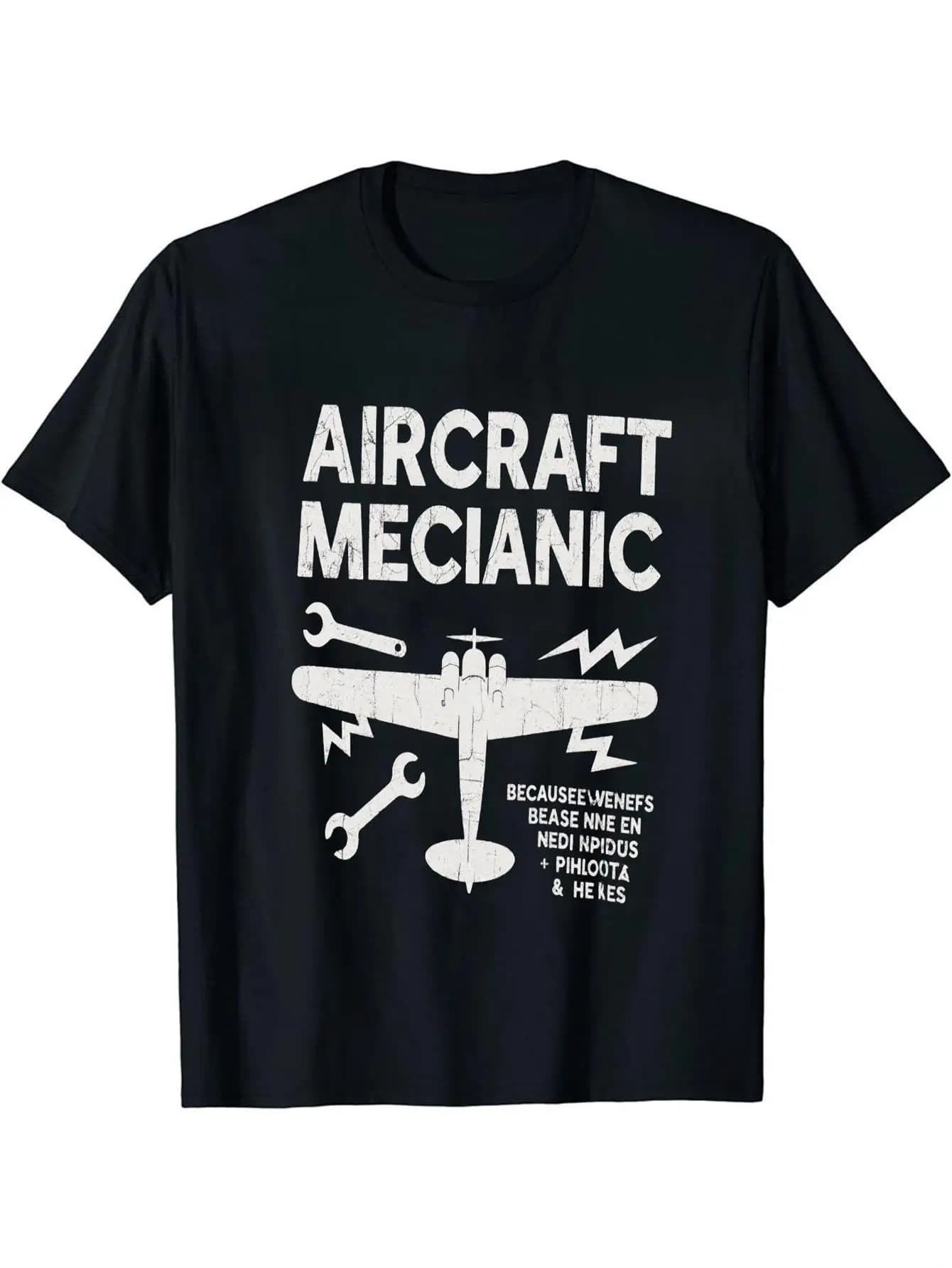 Vintage Men's Black Graphic T-Shirt Aircraft Mechanic Airplane Wrench Lightning Bolt Distressed Letter Print 100% Cotton Heavyweight Short Sleeve Casual Streetwear Tee