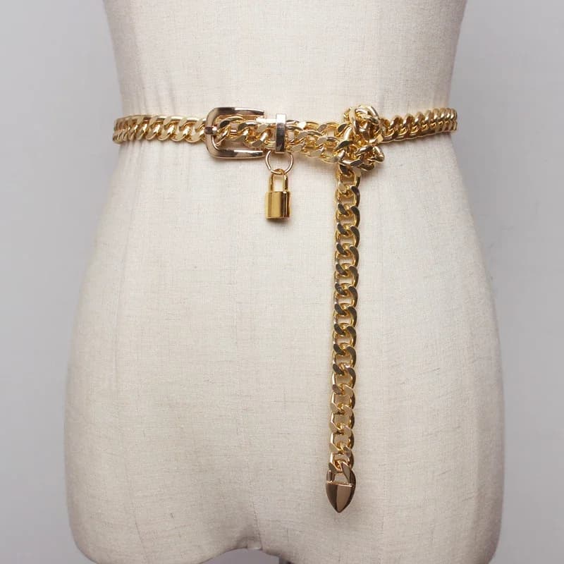 Cinture in metallo con lucchetto a catena in oro 2024 per donna, portachiavi cubani in argento con cintura in vita con lungo Ketting Riem Cummerbund