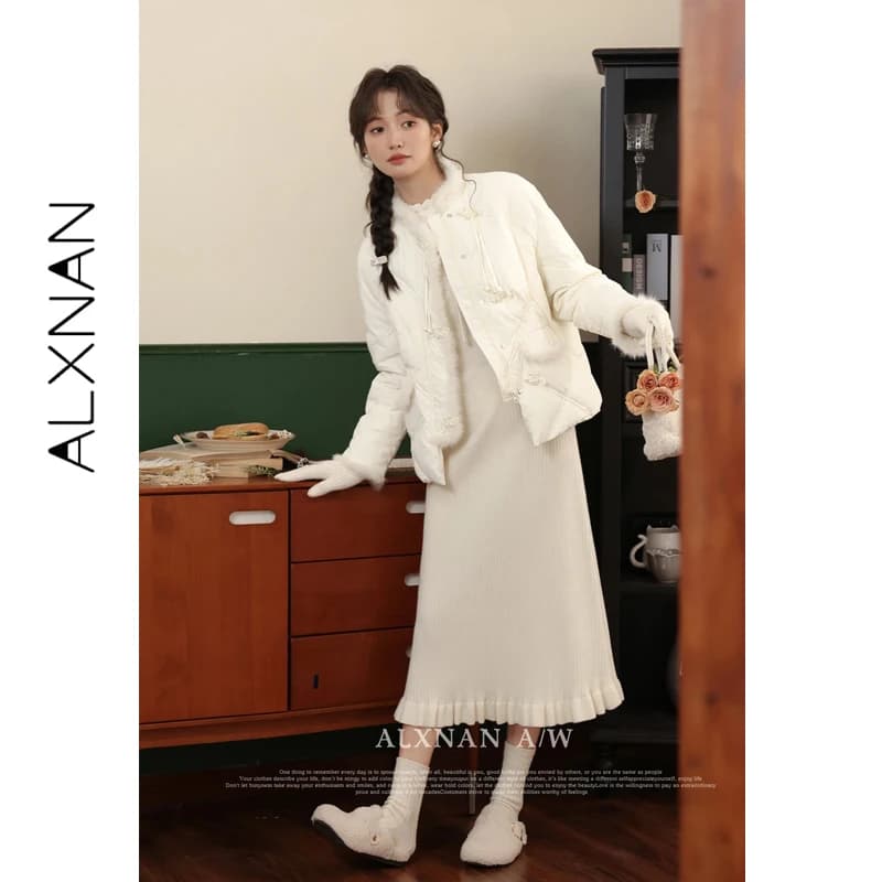 ALXNAN 2026 Giacca Invernale da Donna Nuova Collezione 90% Piumino d'Oca Bianco Collo in Vera Pelliccia Calda Elegante Design con Bottoni a Perla LXN32761