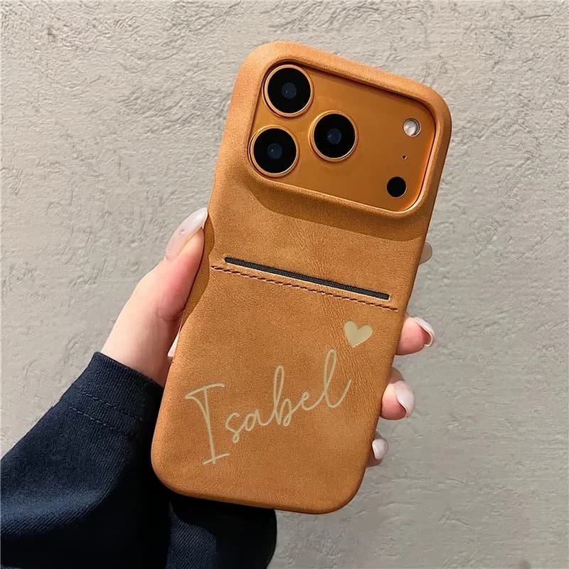 Personalized Custom DIY Name Laser Engraving Faux Leather Phone Case with Card Slot For Iphone 17 16 15 14 13 Pro Max