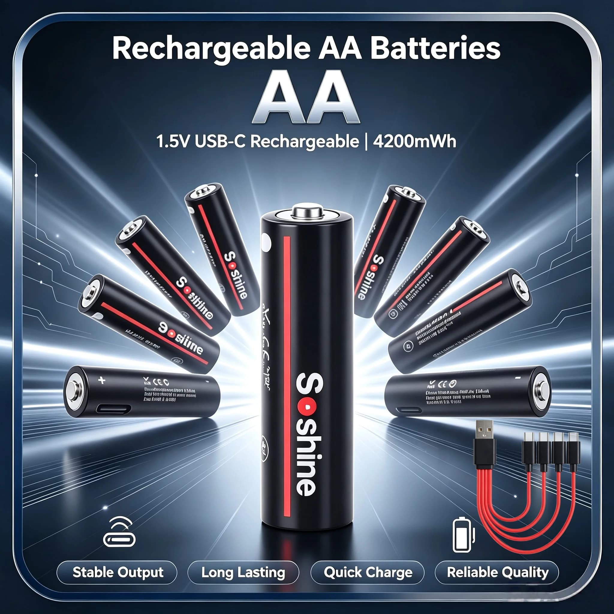 1.5V USB 4200mWh Lithium Battery AA Rechargeable Batteries with 4-in-1 USB Cable For Smoke Detector Game Machine Camera