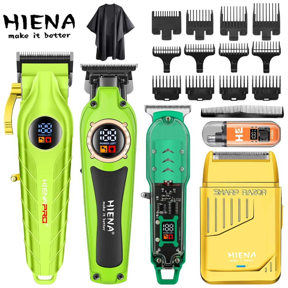 HIENA 4IN1 Hair Clipper Set LCD Cordless Trimmer Foil Shaver USB Barber Kit Combs Cape Salon Home Men Hair Cut