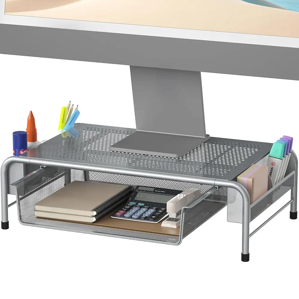 Supporto per monitor da scrivania in metallo con cassetto organizer, colore argento